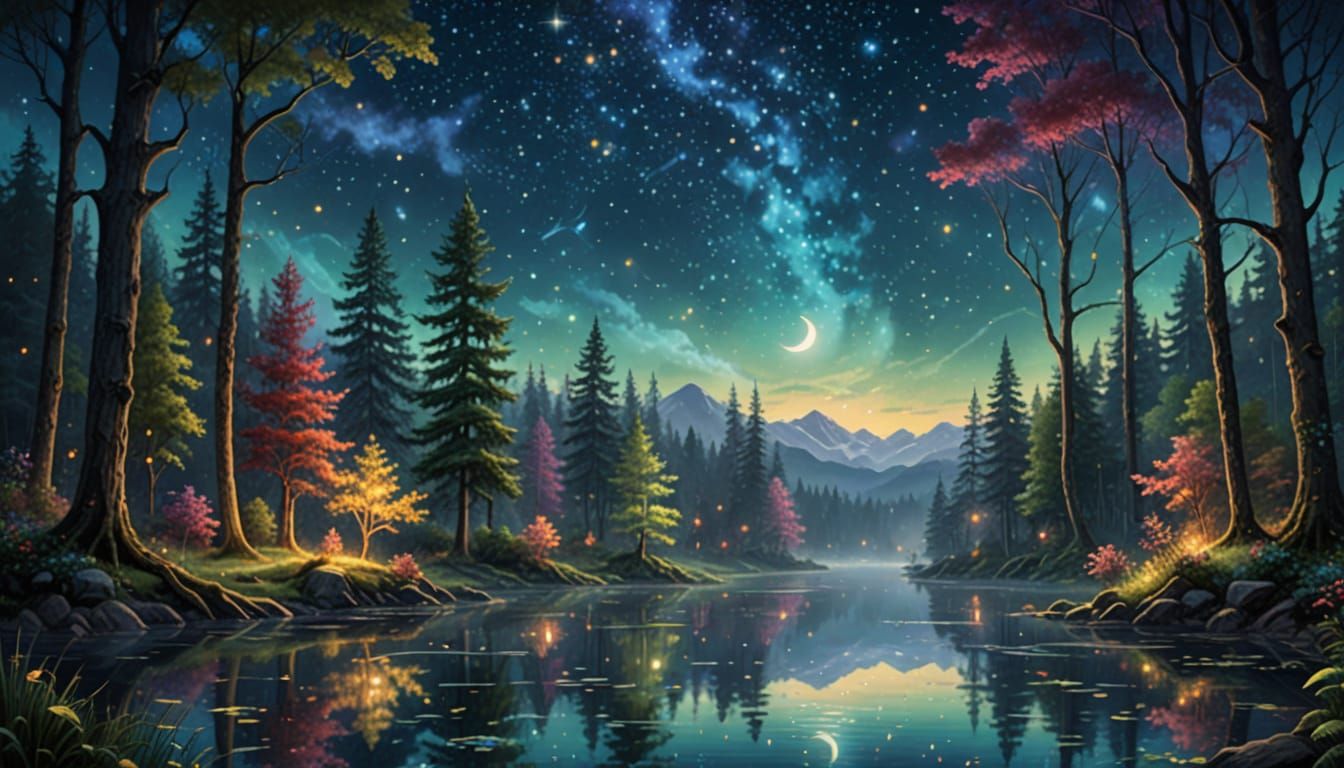 Mystical Forest Under Starry Night Sky in Dreamlike Art