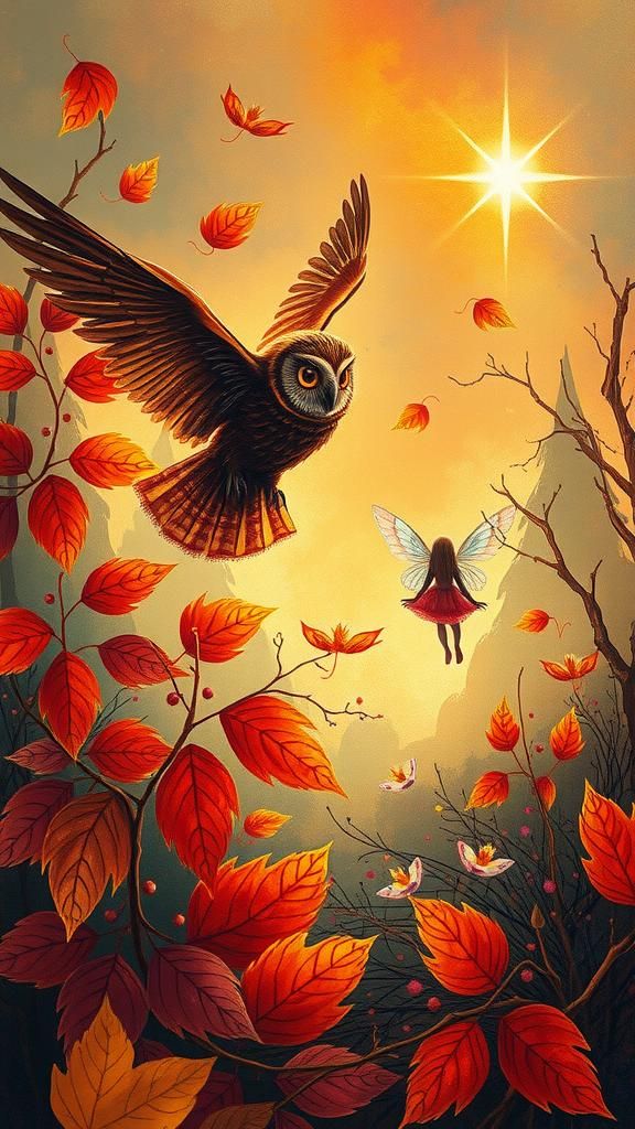 Dreamlike Autumn Landscape with Halloween Owl, Naivist Style