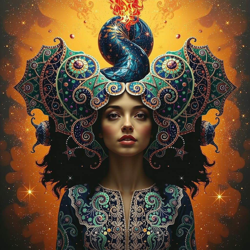 Surreal Woman's Face with Geometric Starry Sky