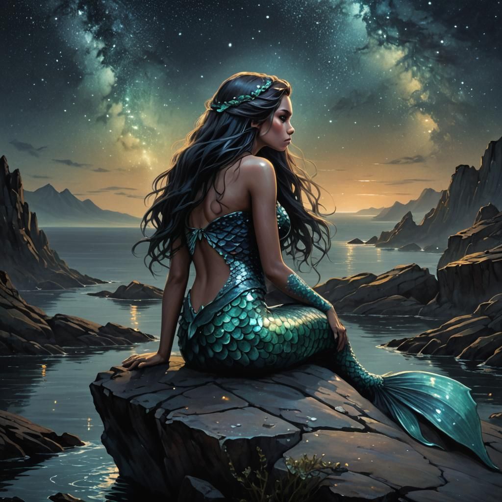 Eerie Mermaid Gazing at Starry Night Sky