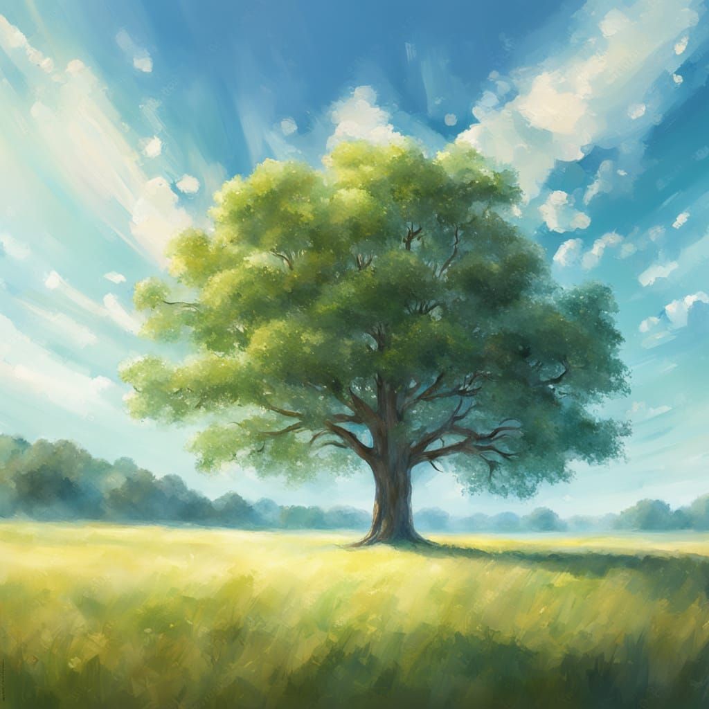 Lone Tree in Sun-Drenched Field Under Blue Sky