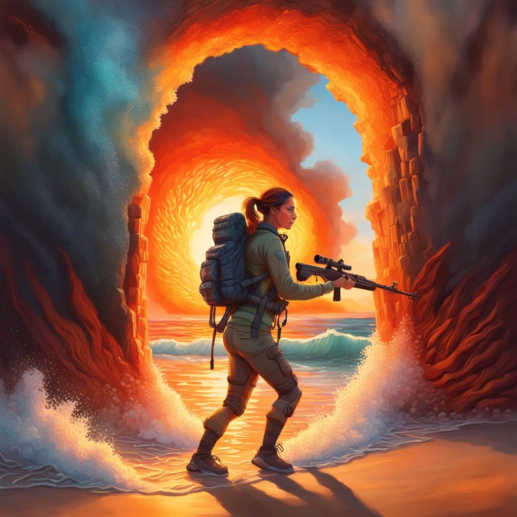 Woman Steps Through Portal to Beach: Hyperrealistic Art