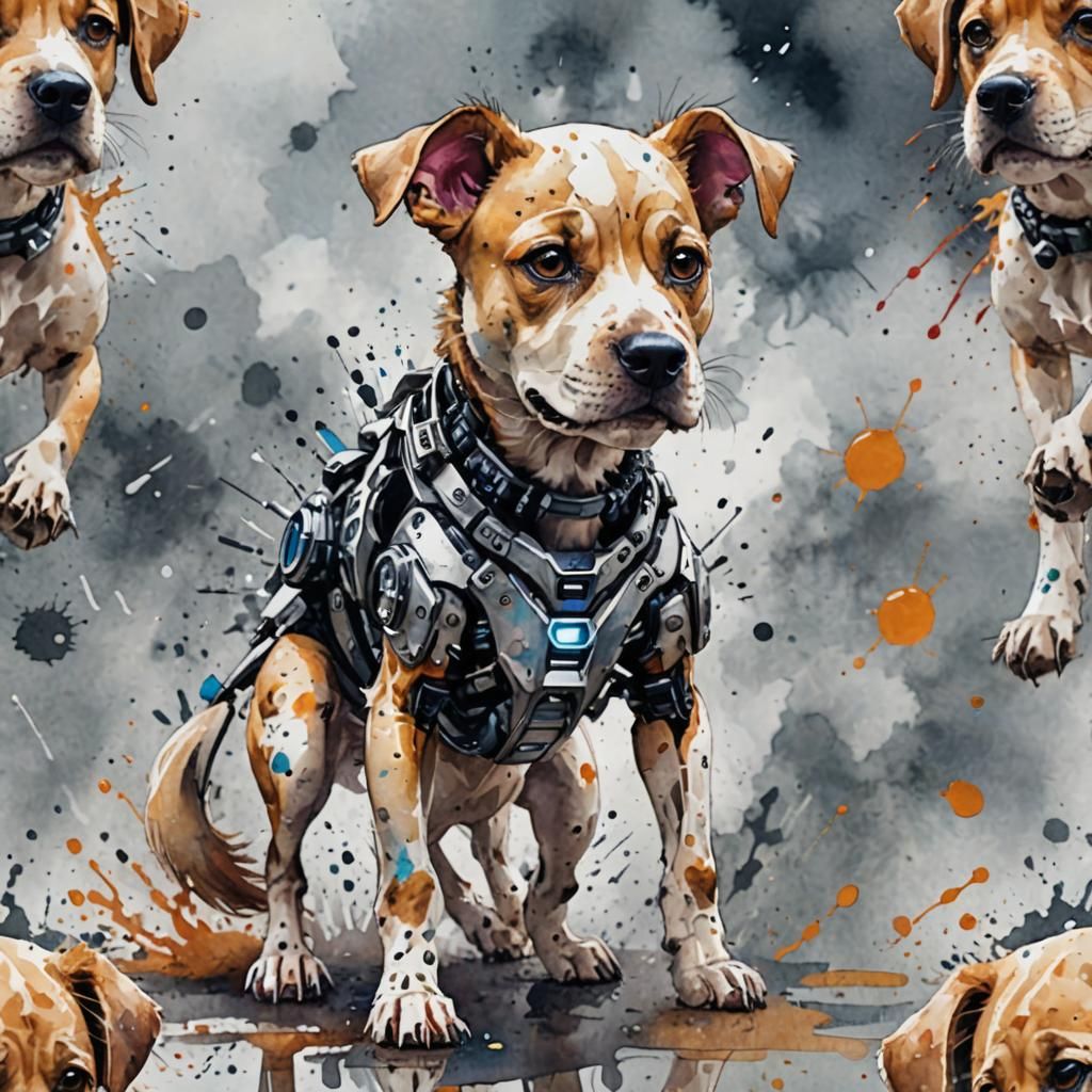 Chibi Cyborg Dog in Watercolor Splash Art