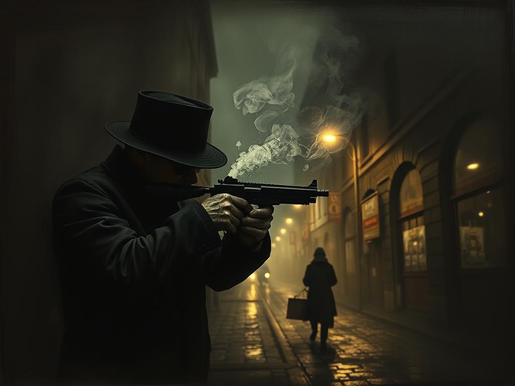 Spy in Shadowy Street with Gun, Chiaroscuro Style