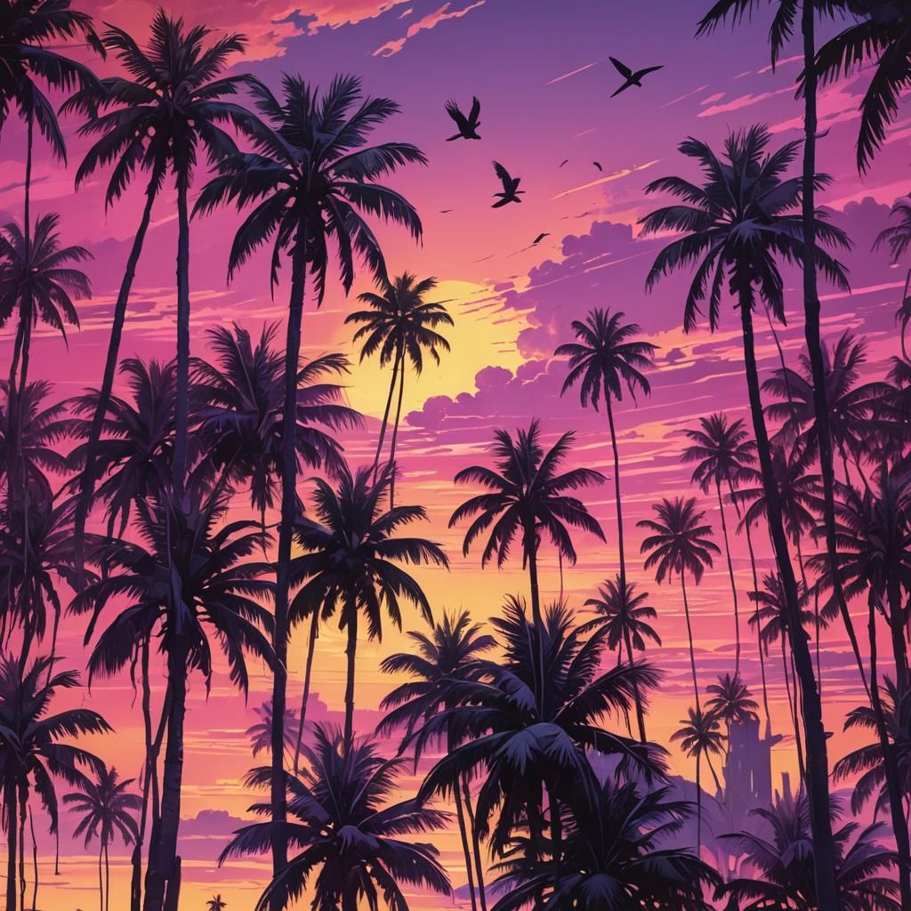 Airbrushed Tropical Sunset Landscape in Fantasy Style