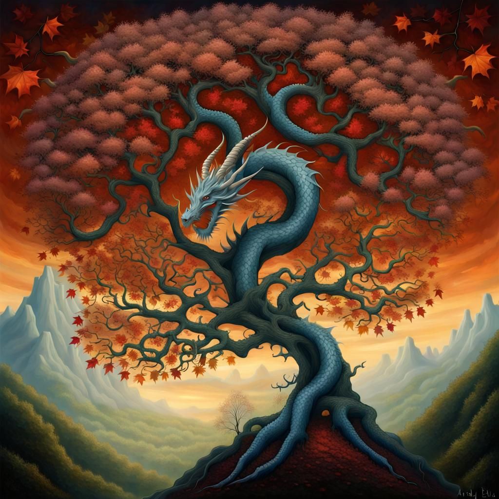 Dragon in Fractal Tree: Surreal Fantasy Art