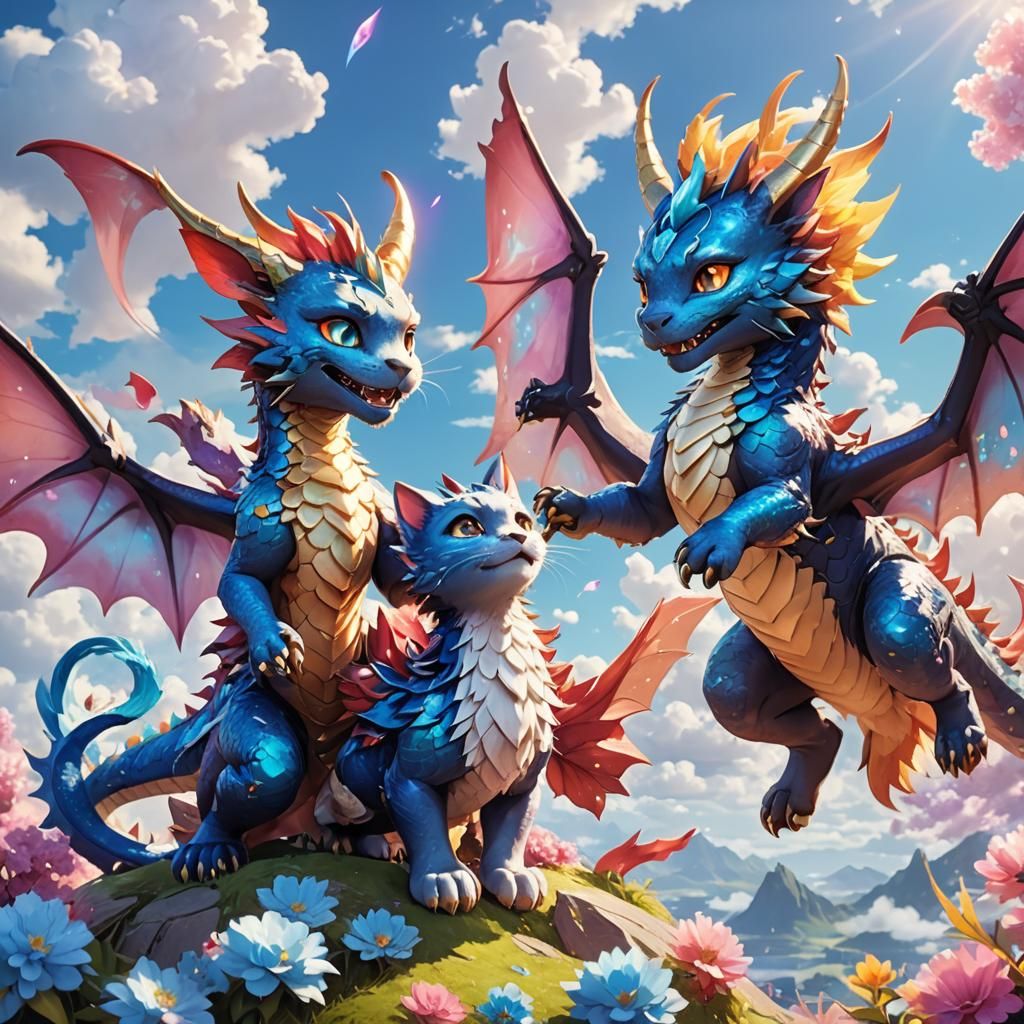 Cute Catdragon and Dogdragon Playing: Vibrant 3D Anime Art
