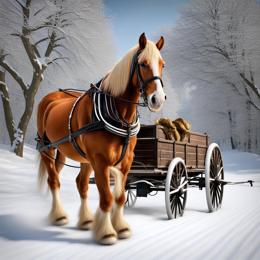 Belgian Draft Horse Pulling Wagon in Snow