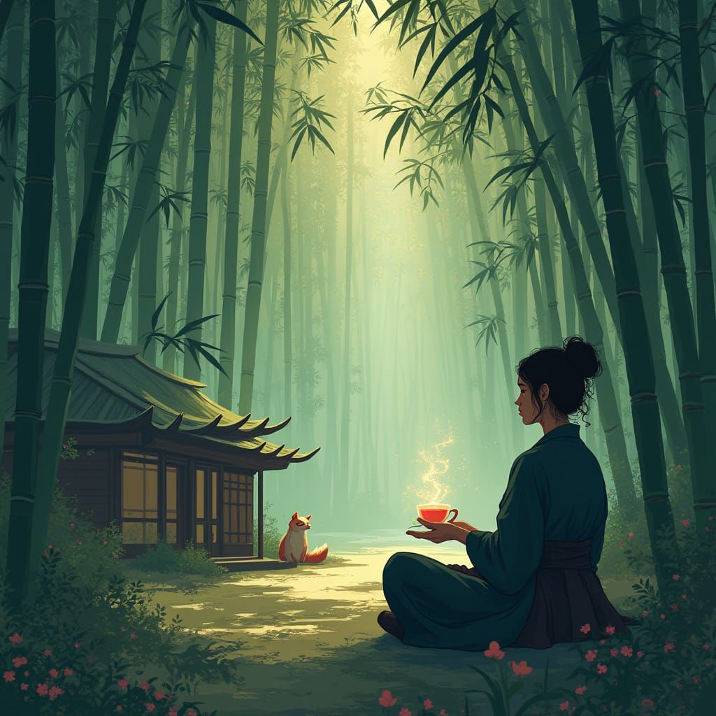 Samurai Warrior Meditating in Bamboo Forest with Fox Spirit