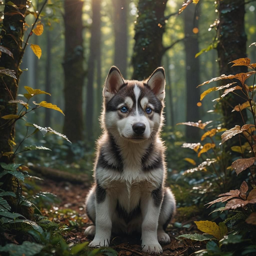 Husky Pup in a Magical Forest: Cinematic Art