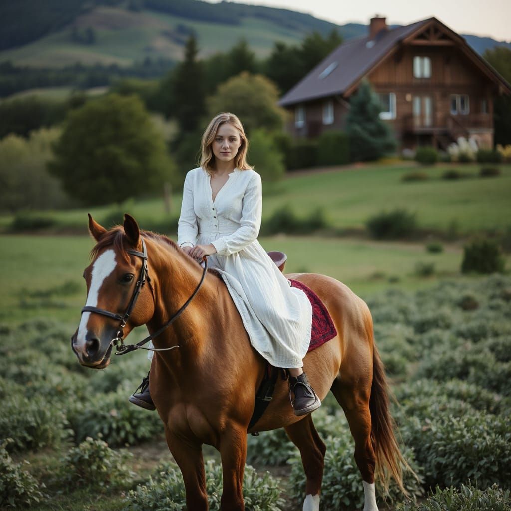 Elegant Woman Riding Horse in a Serene Cottagecore Landscape