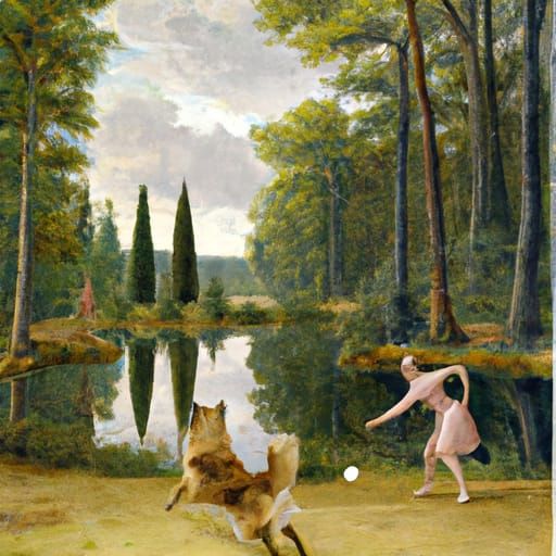 Brindle Spitz Dog Playing Fetch in Woodland Style