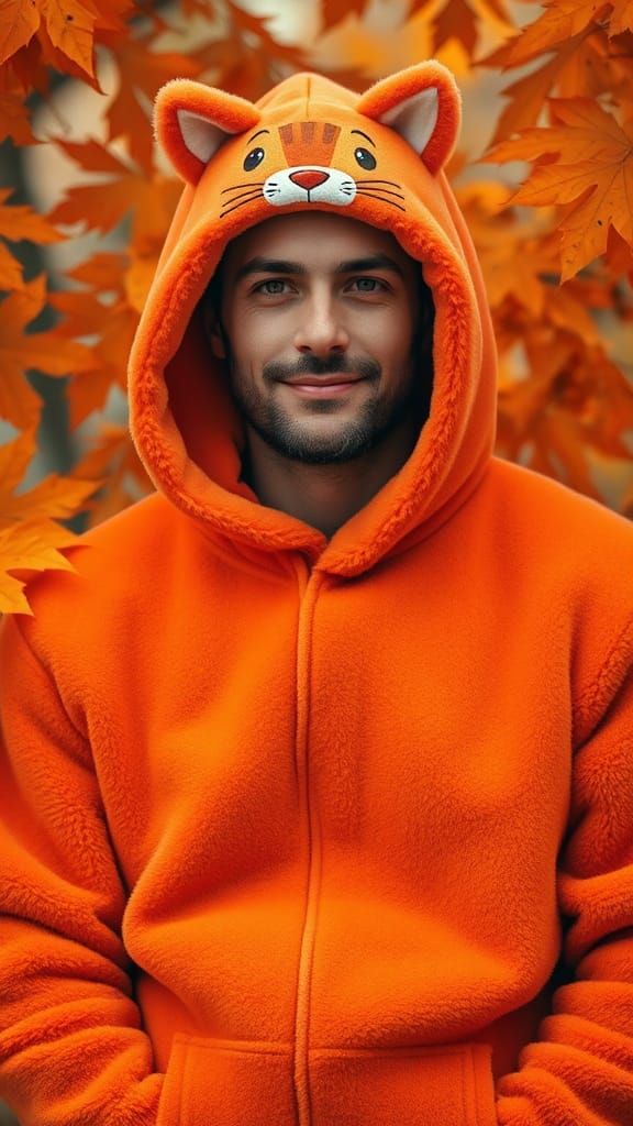Man in Cat Onesie Amid Autumn Leaves