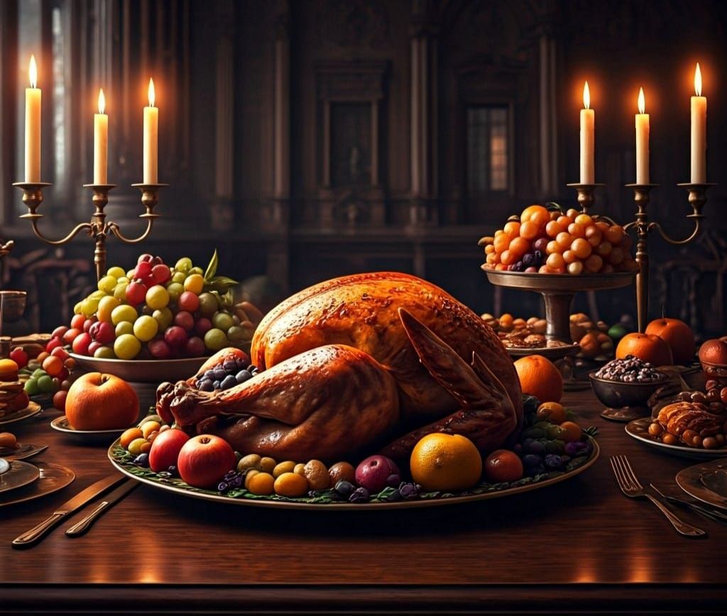 Rich Thanksgiving Feast in Mansion, Detailed Matte Painting