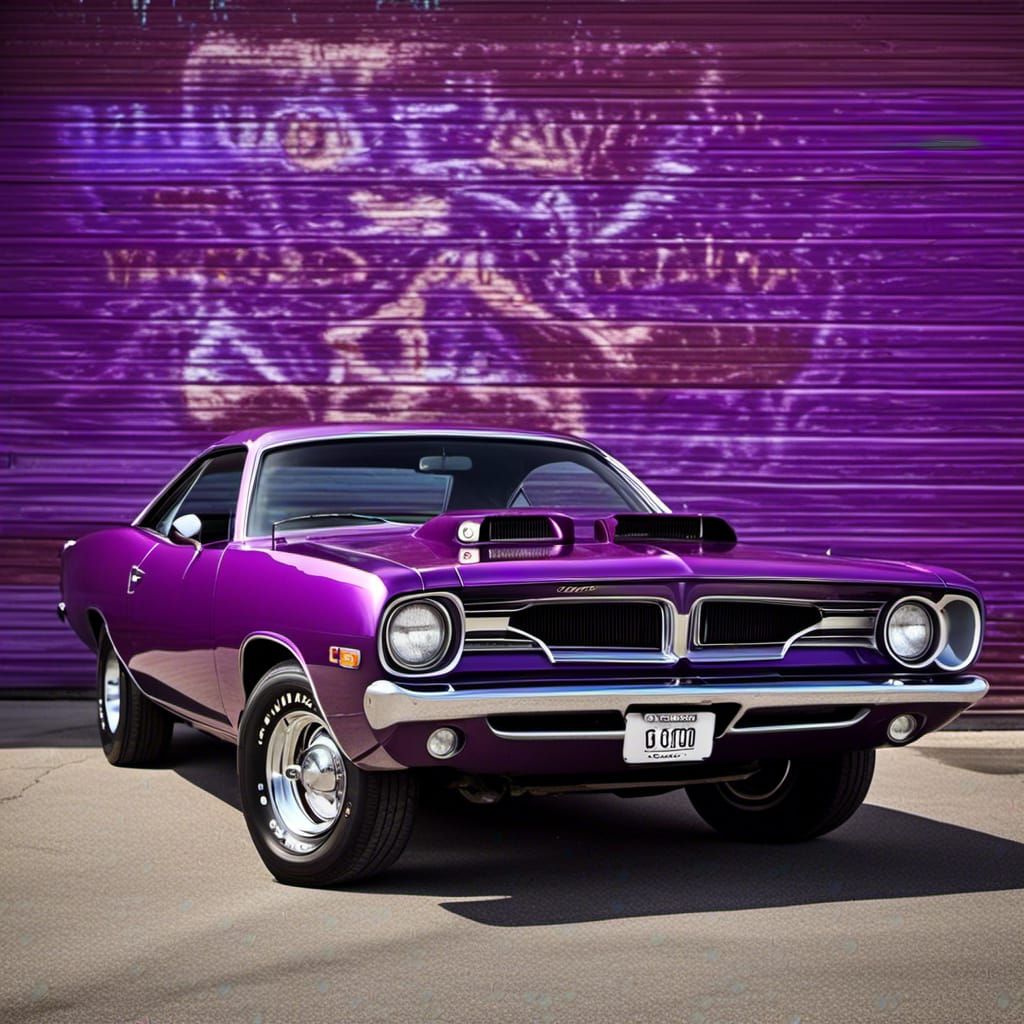 a plum crazy purple Plymouth barracuda, 455 big block, for sale off the lot in 1969. <lora:RetroRockabilly:1.0>