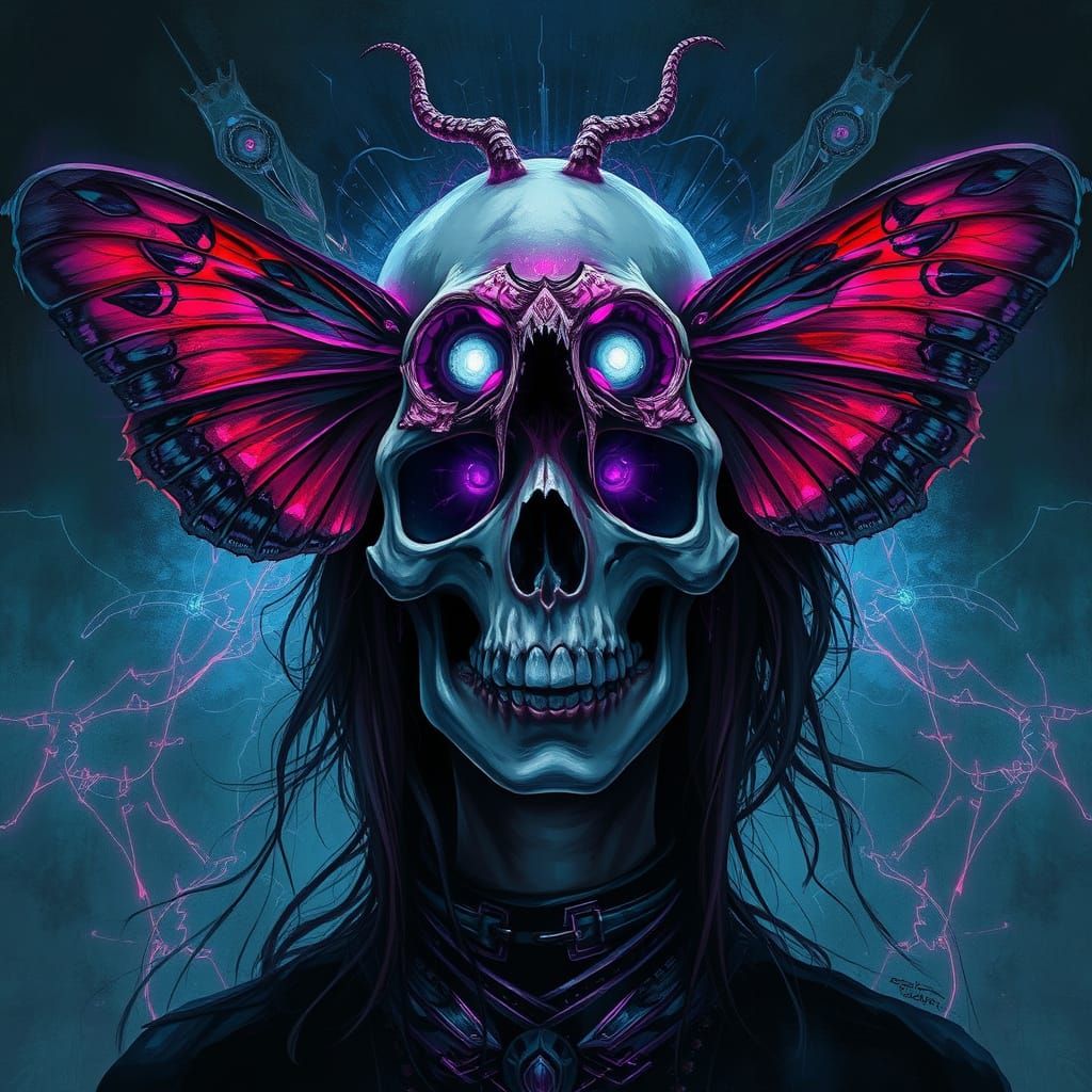 Surreal Gothic Skull Goddess with Ethereal Moth Wings
