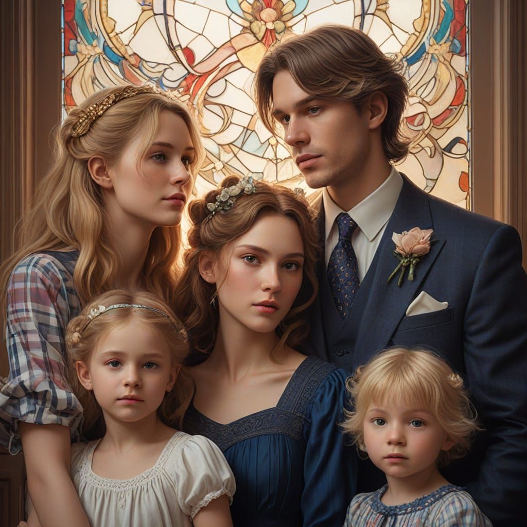 Realistic Family Portrait in Art Nouveau Style