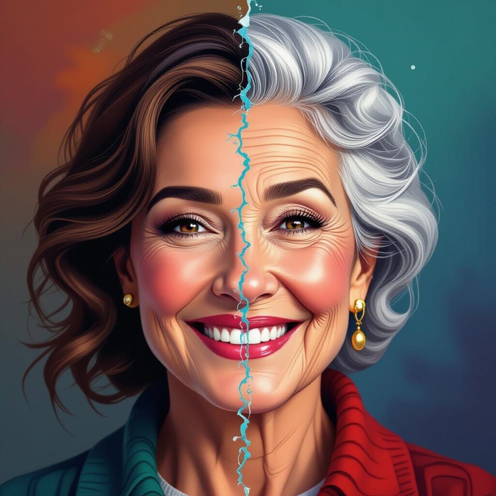 Split Age Woman's Face Smiling in Dramatic Splash Art