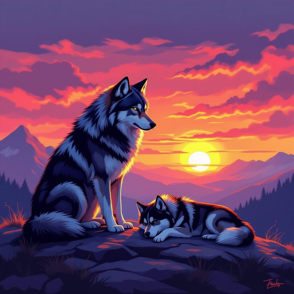 Lone Wolf and Sleeping Husky at Vibrant Sunset