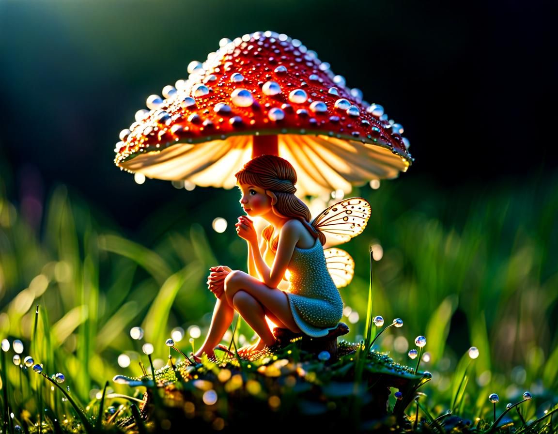 Fairy on Mushroom in Dew Drops as Pointillism Art