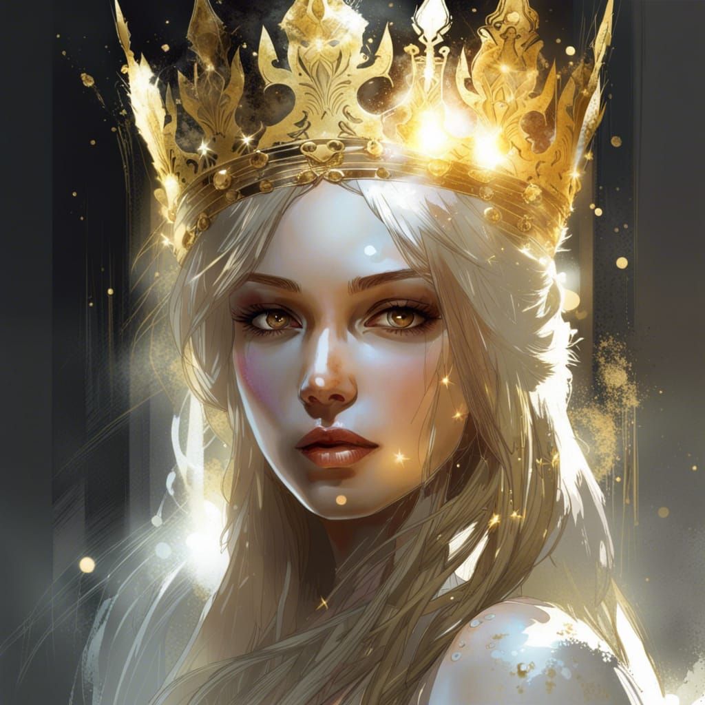 Golden Crowned Woman with Long Hair: Digital Painting