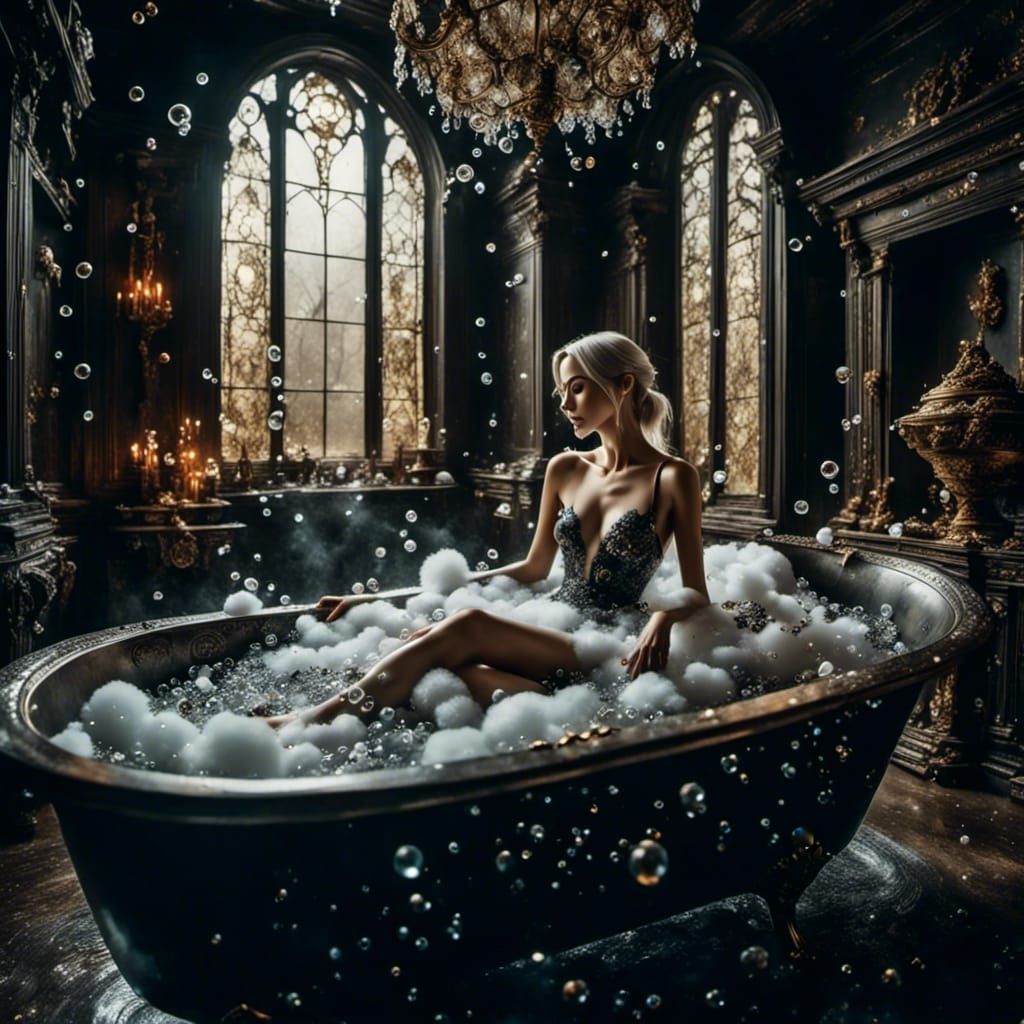 Woman Relaxing in Antique Tub Filled with Bubbles