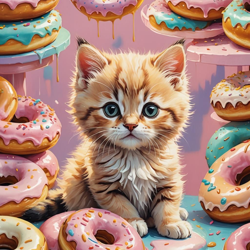 Kitten on Doughnut in Pastel Bakery: Oil Painting