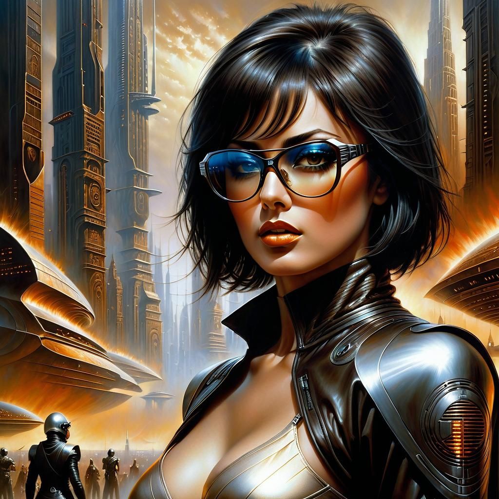 Futuristic Woman in Cityscape: Oil Painting