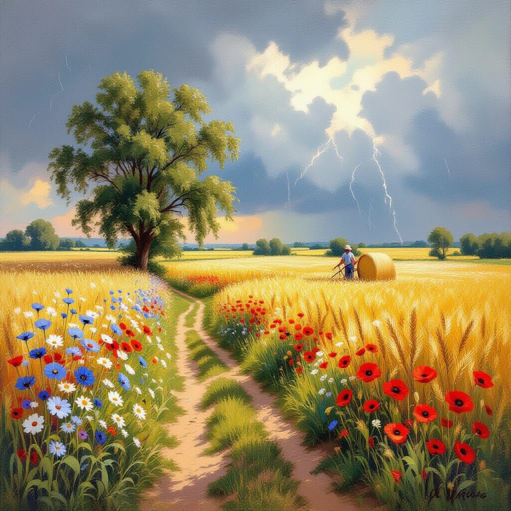 Medieval Idyll: Farmers Harvesting Grain Before Storm