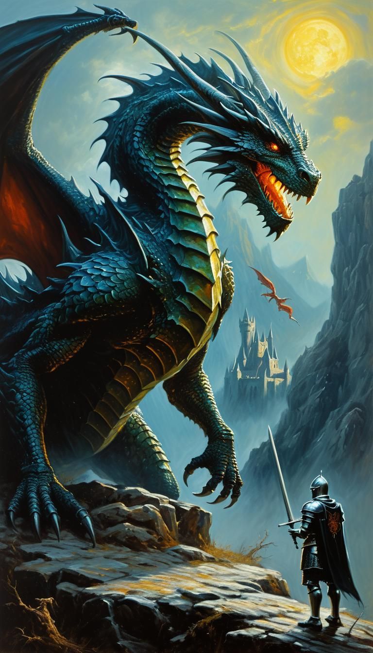 Dragon Looms Over Knight: A Cosmic Fantasy Painting