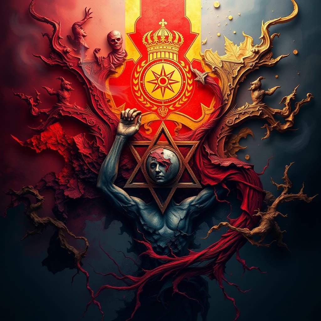 Abstract Societal Decay in Rich Crimson and Gold