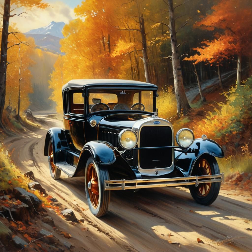 Vintage T-Ford Car on Autumn Road as Oil Painting