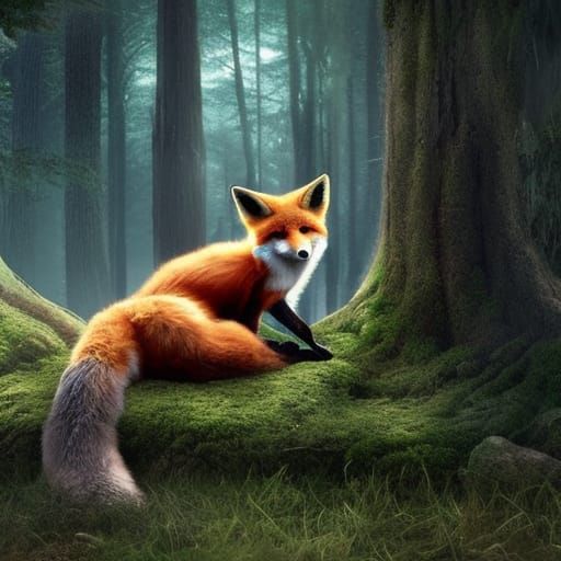 Fox Sleeping at Tree Base: Digital Matte Painting