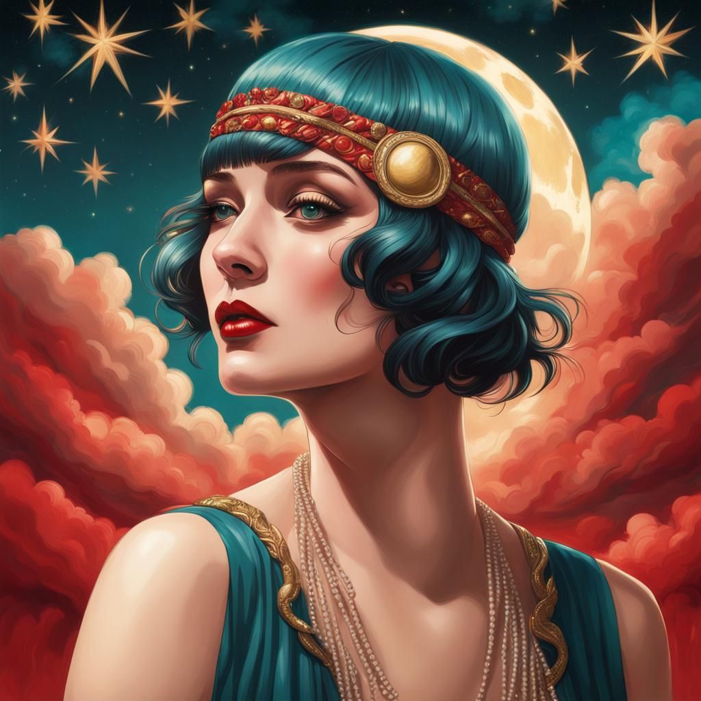 1920s Flapper in Teal and Gold Celestial Scene