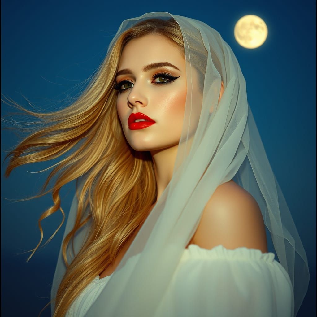 Goddess with Blonde Hair in Mystic Sky