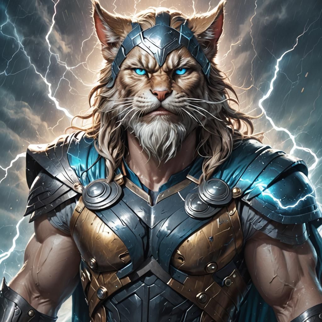 Thor as a cat thunder god full body mjolnir beard; thunder l...