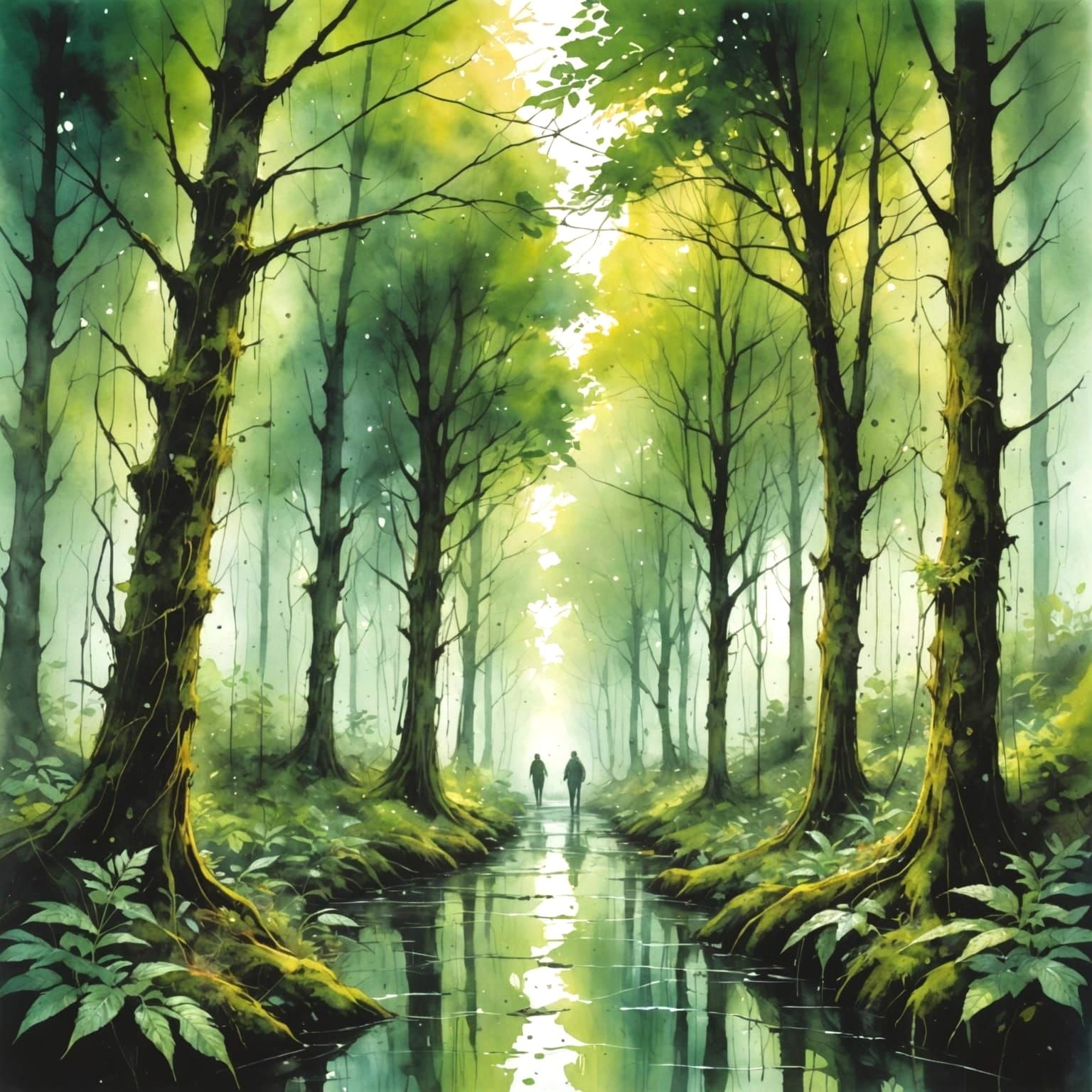 Lush Forest After Rain: Watercolor Scene