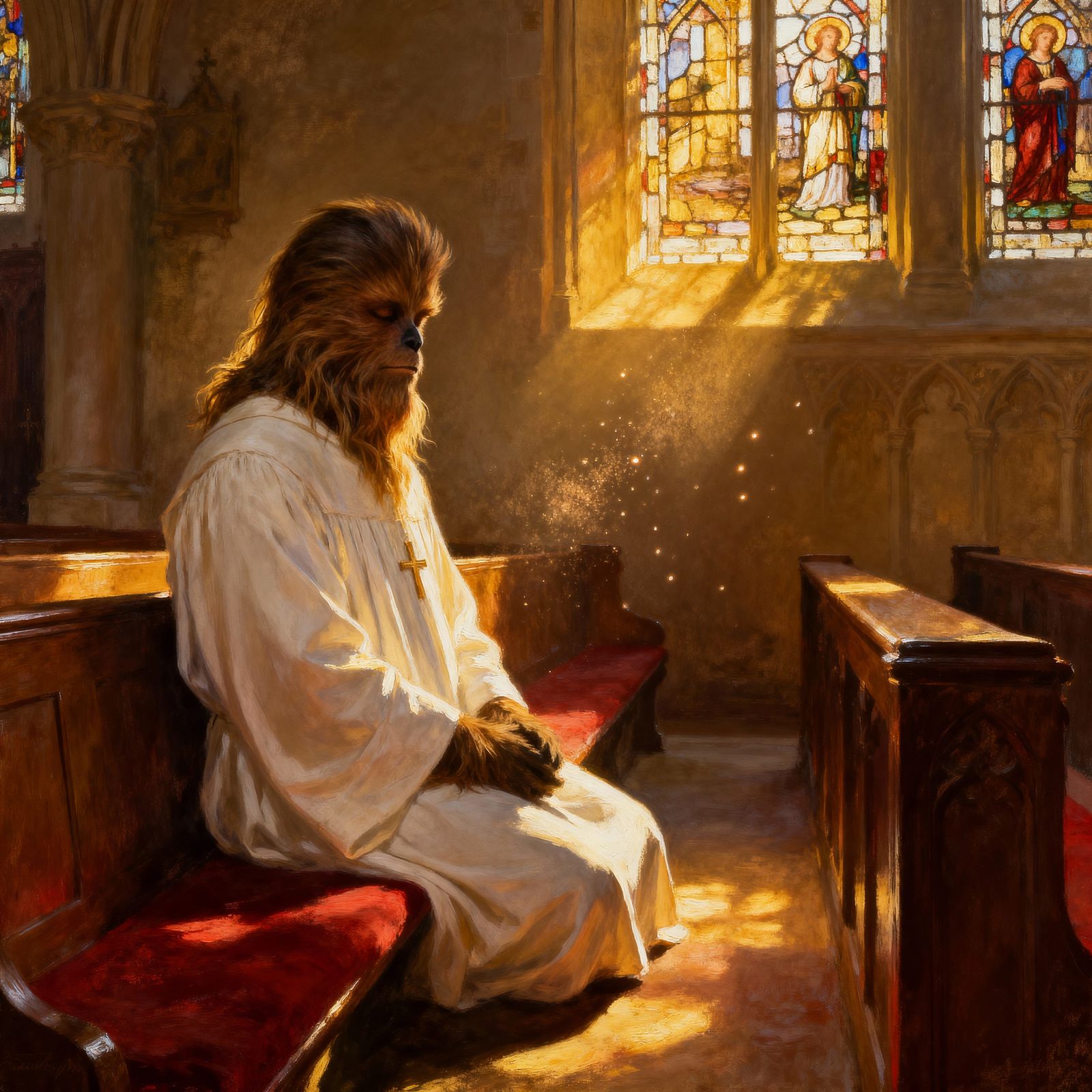 Peaceful Chewbacca Attends Church Service