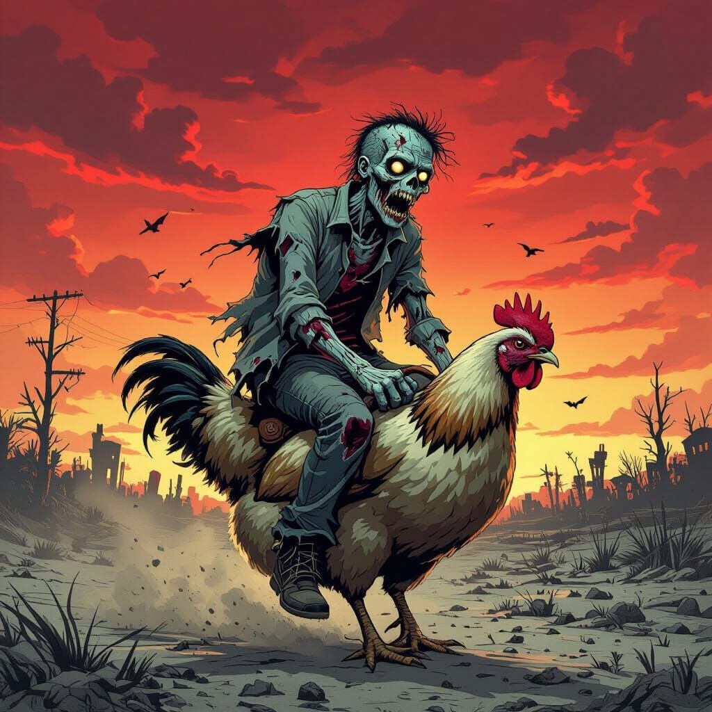 Zombie Rides Chicken Through Post-Apocalyptic World