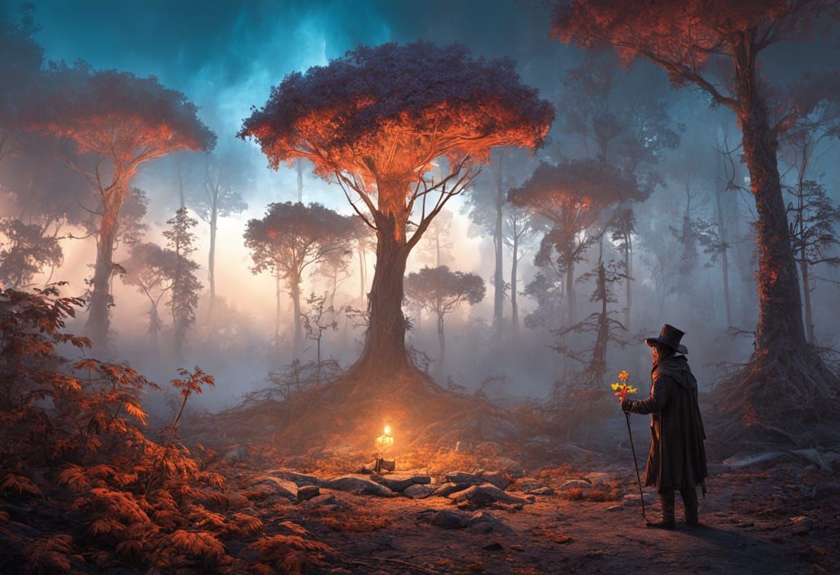 Treant Offers Flower in Misty Forest: Dark Fantasy Art