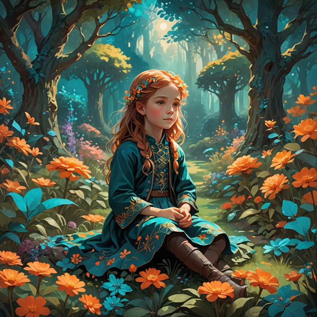 Perfect Child in Dreamlike Fantasy Garden