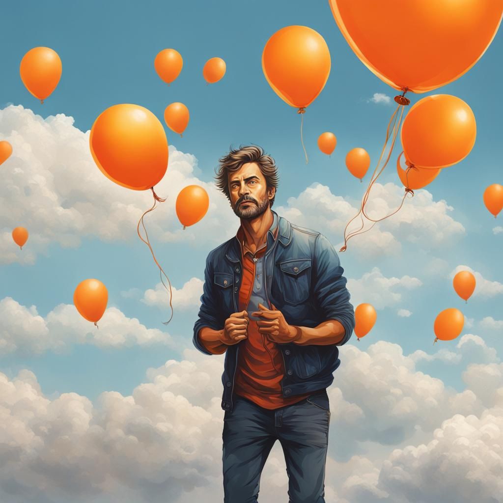 Man Ascends Skyward Holding Orange Balloon