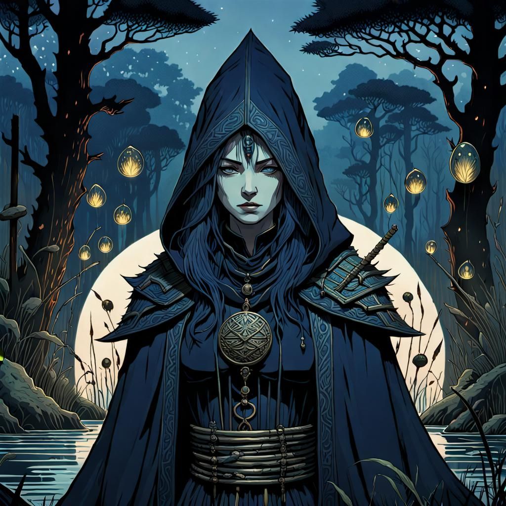 Eerie Witch in Dark Fantasy Swamp