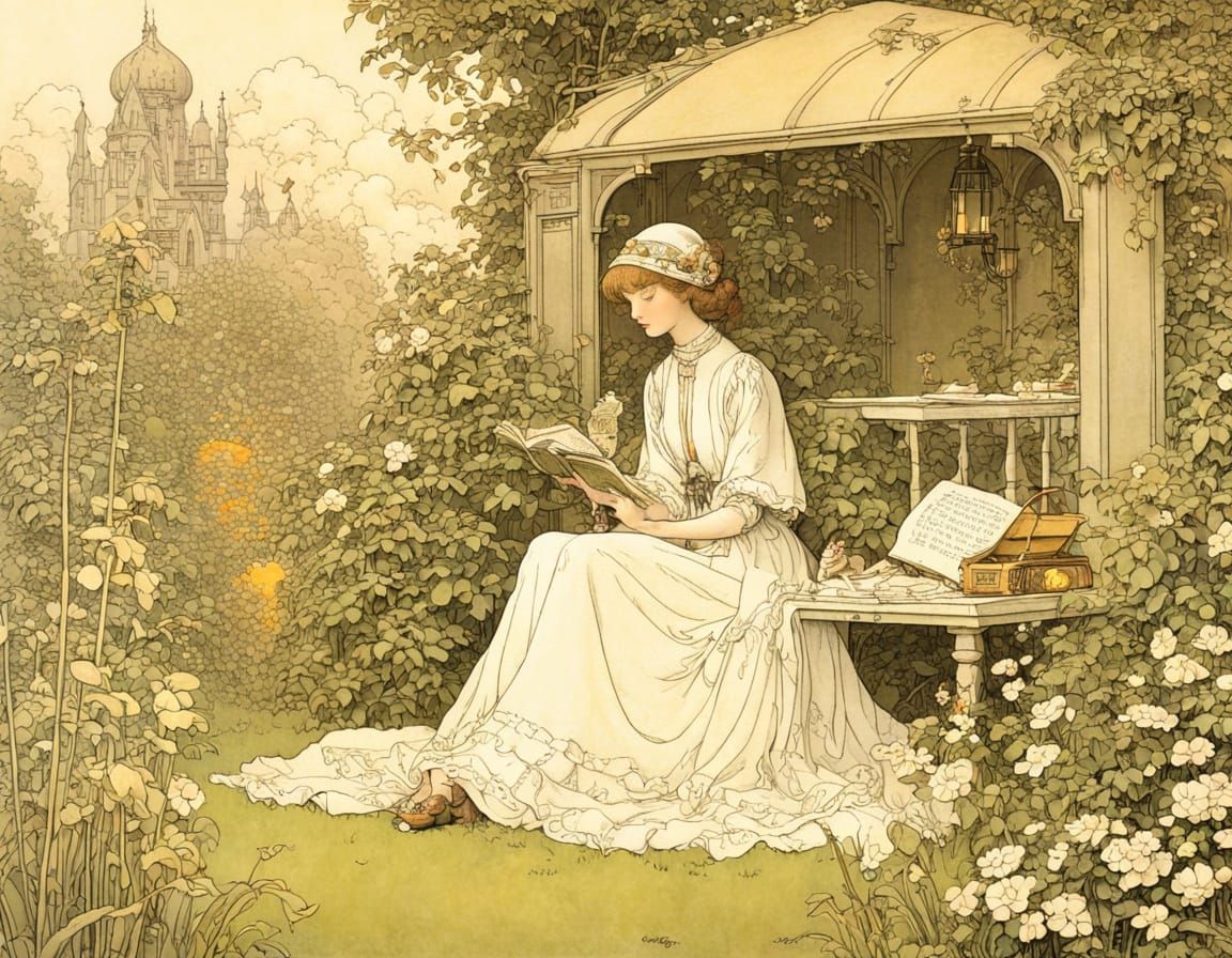 A Meticulously Detailed Girl Reads in Candlelit Garden