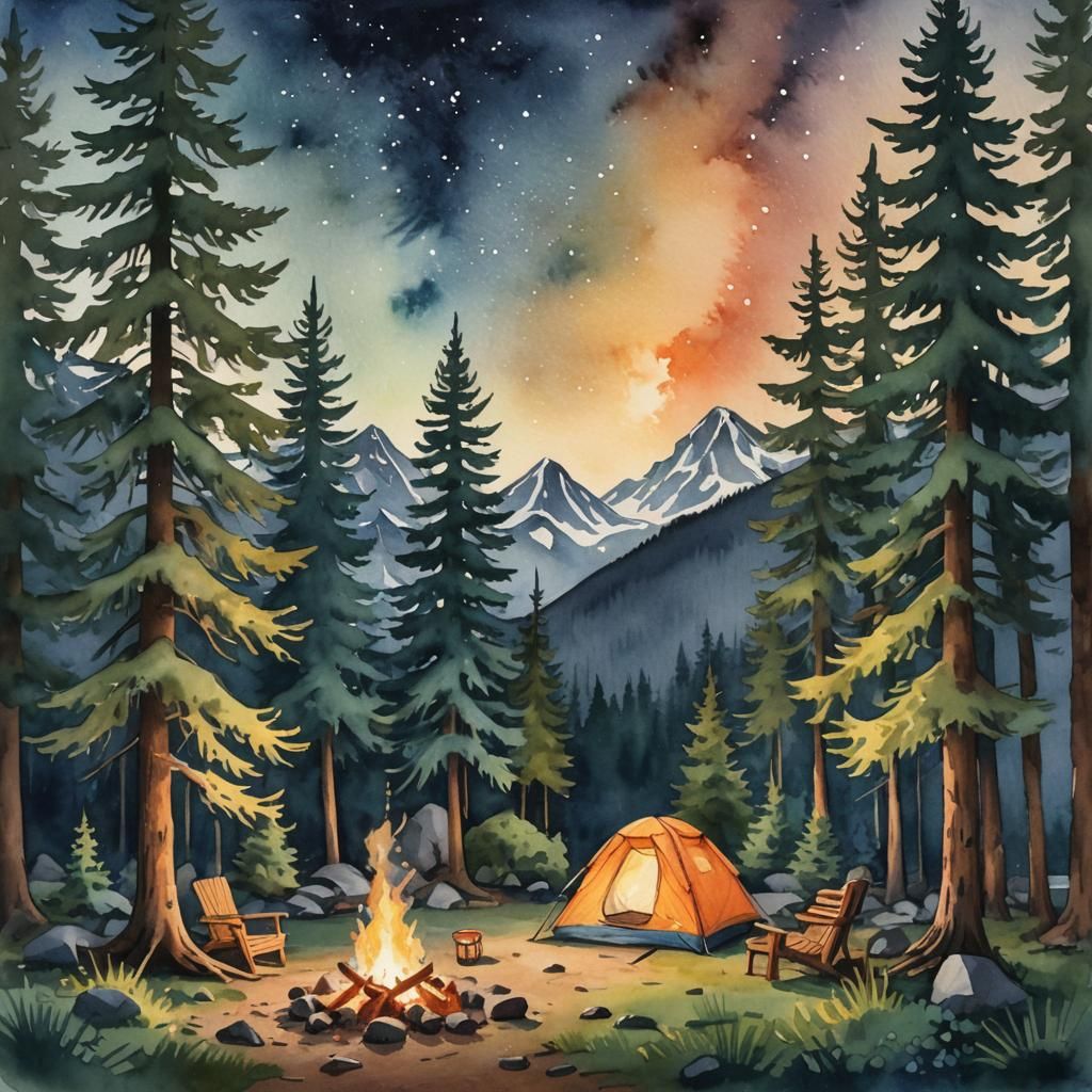 Cozy Campsite Under Starry Sky in Impressionist Style