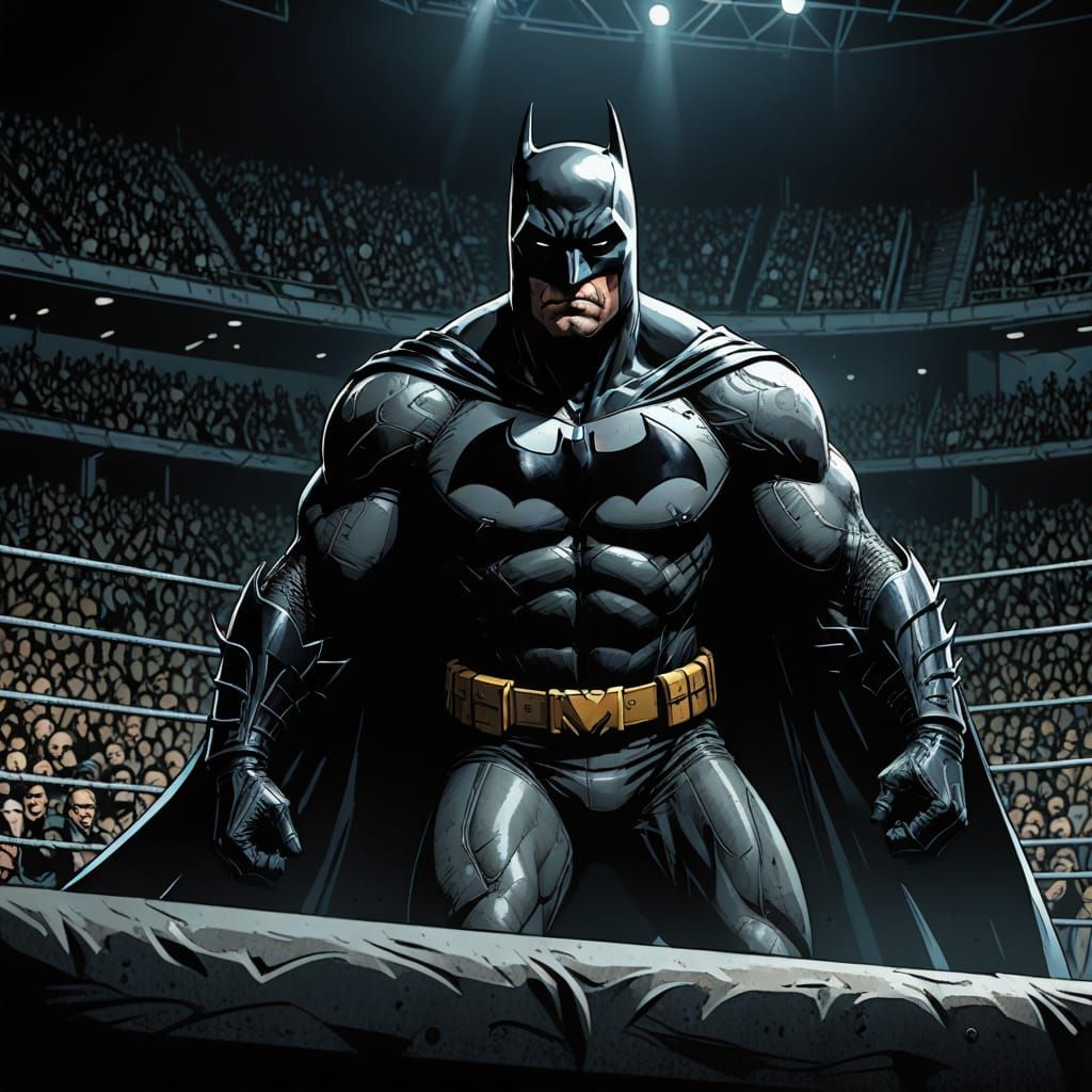 Batman Watching Wrestling in Comic Book Style