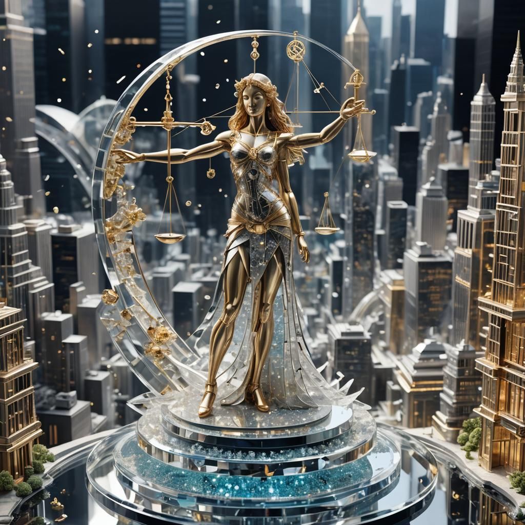 Captivating 3D Sculpture of Libra in a Futuristic Cityscape