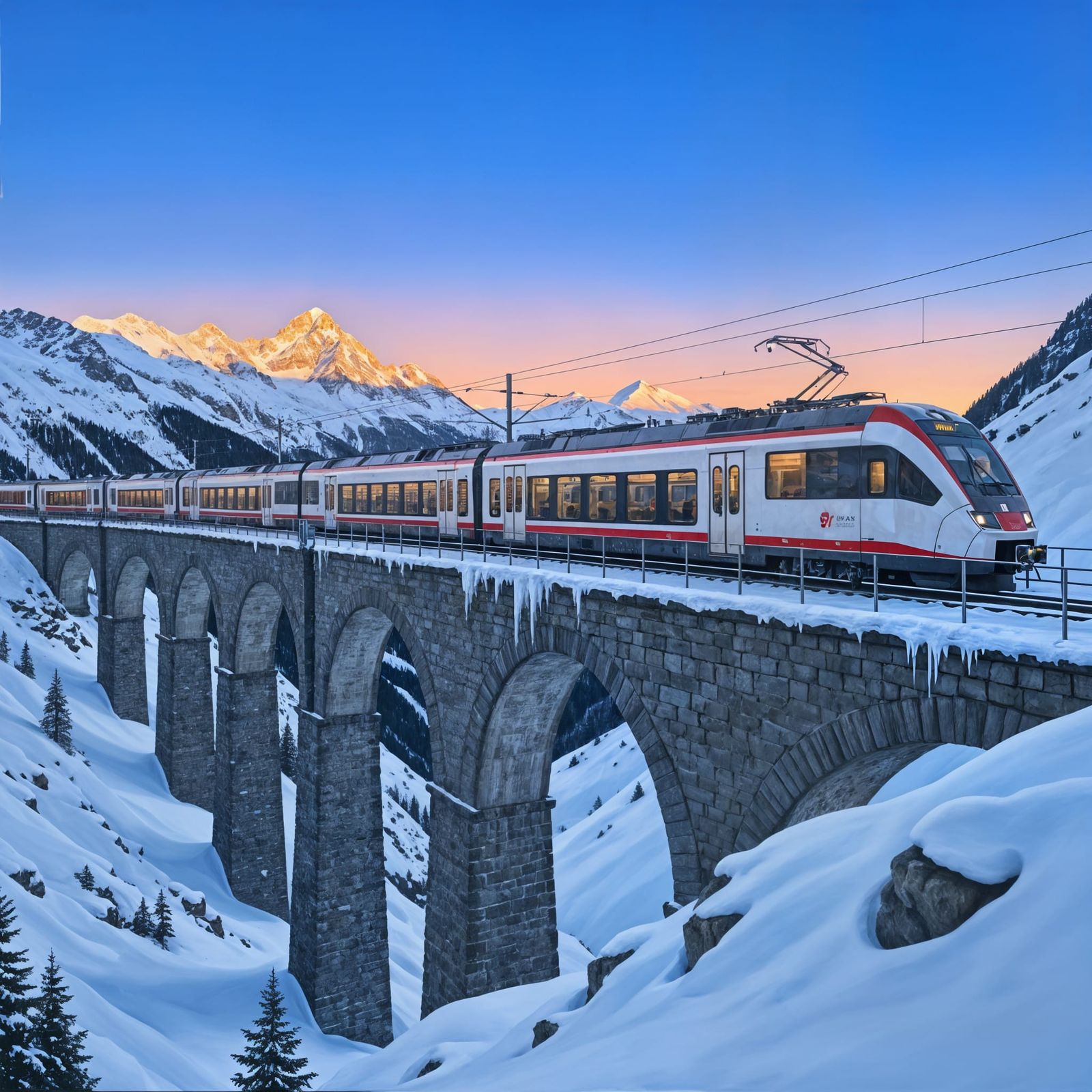 Modern Alpine Train on Stone Viaduct at Dawn
