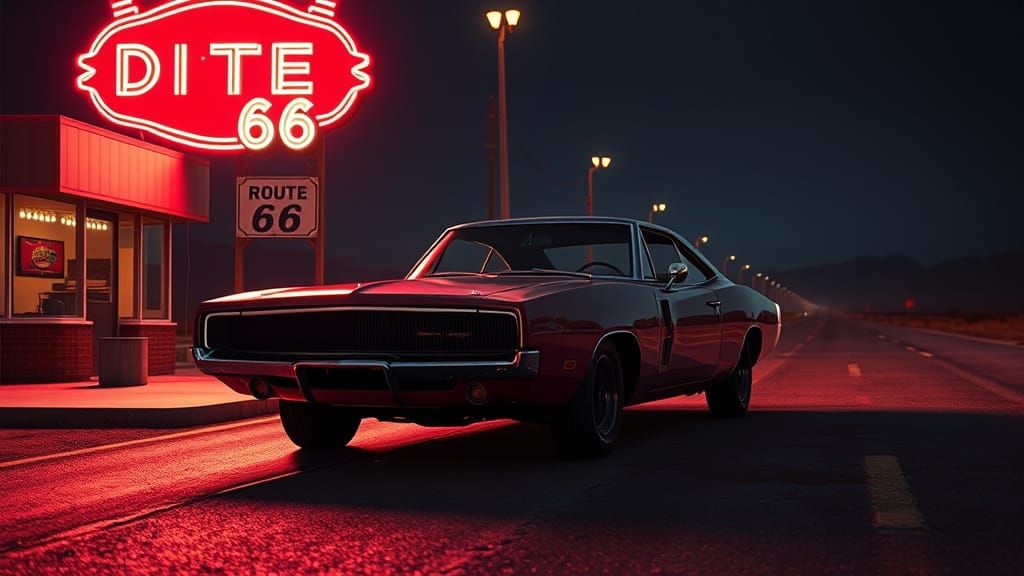 1969 Dodge Charger on Route 66 at Midnight