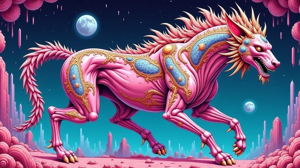 Biomechanical Sphinx-Centaur with Crystalline Ornaments